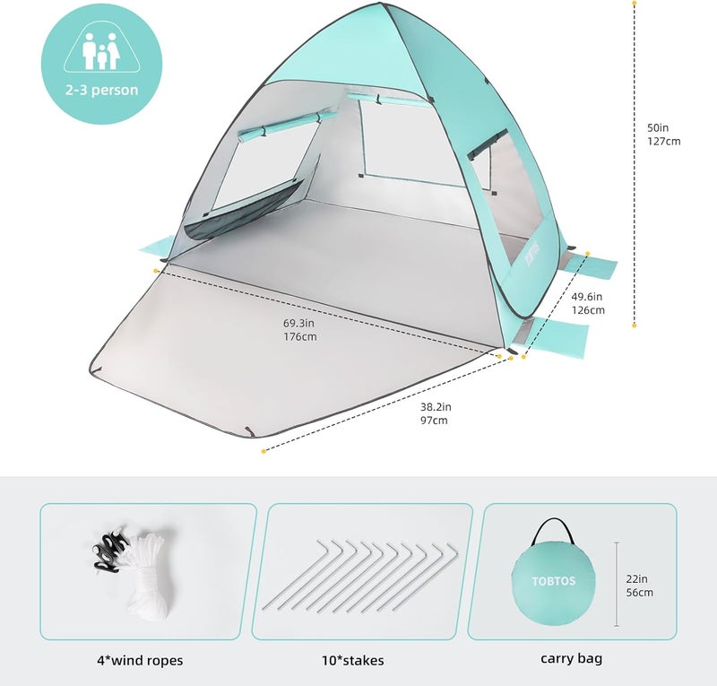TOBTOS UPF 50+ Pop Up Beach Tent, Easy Set Up Beach Umbrella, Sun Shelter for 2-3 People UV Protection Portable Sunshade, Baby Canopy Cabana, Lightweight with Carry Bag - Image 2